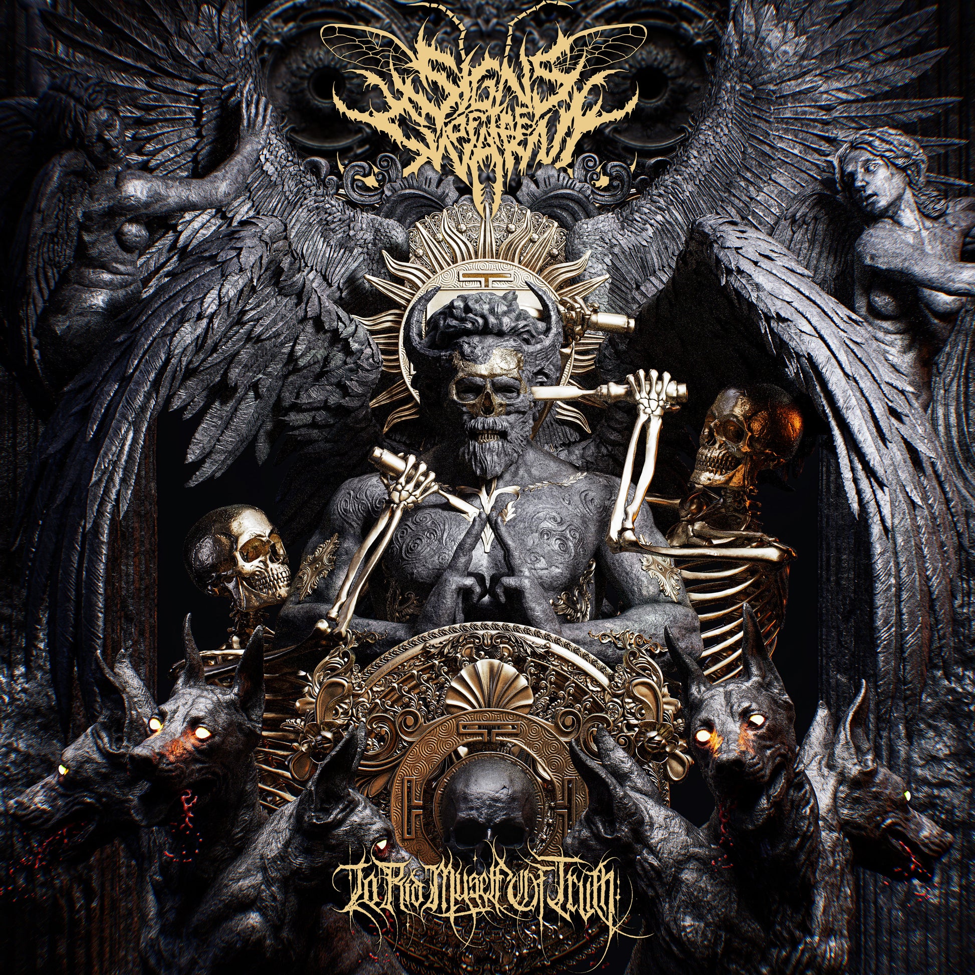 Dark, ornate album cover featuring a horned figure surrounded by skulls and wings.