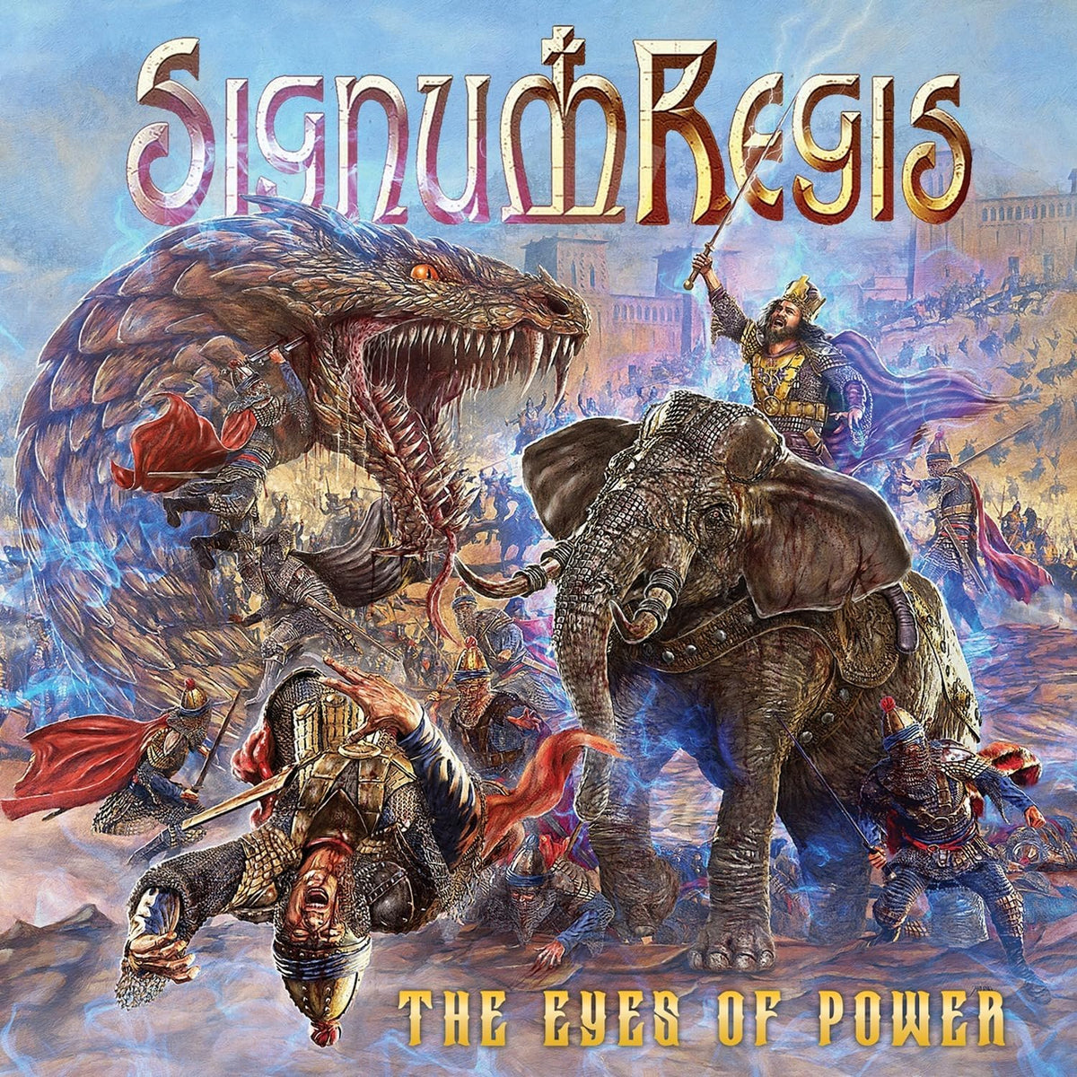 Album cover: dragon, knights, and a king in a battle scene.