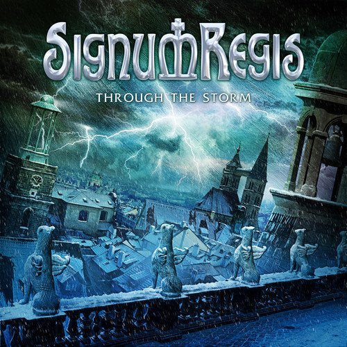 Album cover featuring a stormy cityscape with lightning, gothic architecture, and gargoyle statues.