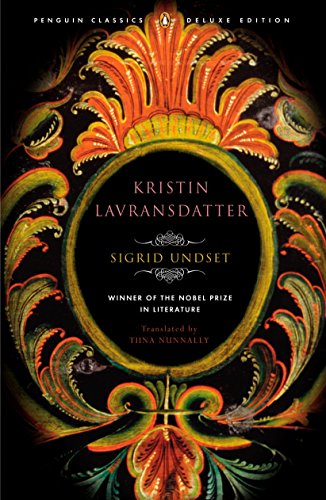 Book cover for Kristin Lavransdatter featuring ornate, colorful floral folk art on black background.