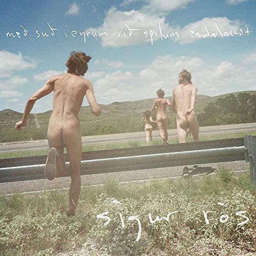 Album cover: three nude figures running on a road with mountains.