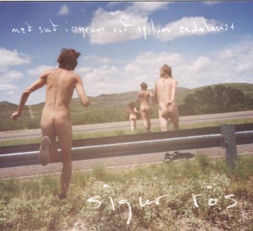 Album cover: three nude figures running towards a highway under a blue sky.
