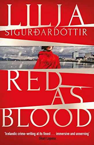 Book cover: red text, woman in red coat, snowy cityscape background.