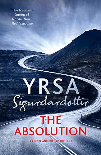 Book cover: winding road through Icelandic mountains, title “The Absolution”.