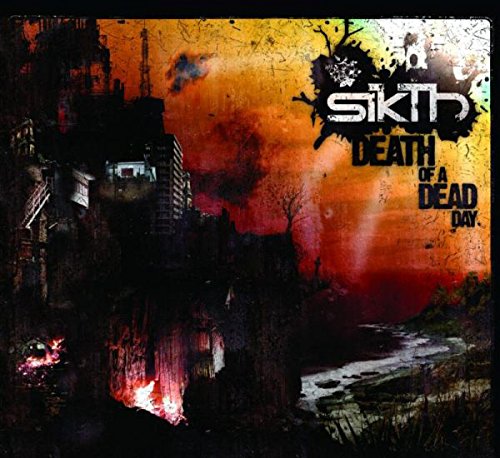 The image is a dark, grungy album cover. Alt text: "Sikth album cover with dark, grungy cityscape and fiery, orange sky."