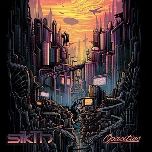 Vinyl album cover art featuring a futuristic cityscape with dark, metallic architecture and orange sky.