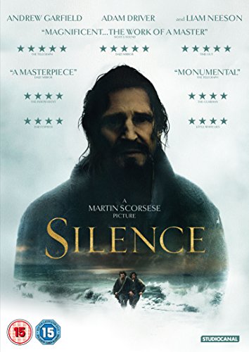 DVD cover for "Silence" featuring a man with a serious expression and two figures in the sea.