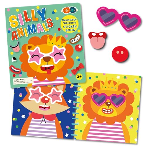 Silicone sticker book with colorful animal faces and reusable stickers.