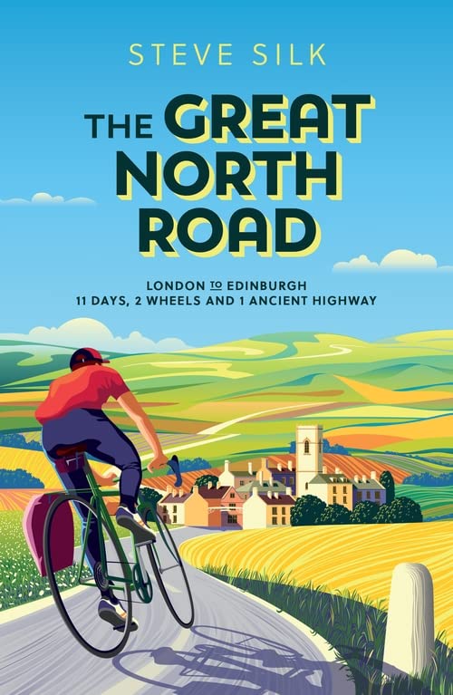 Book cover depicting a cyclist on a road through rolling green hills.