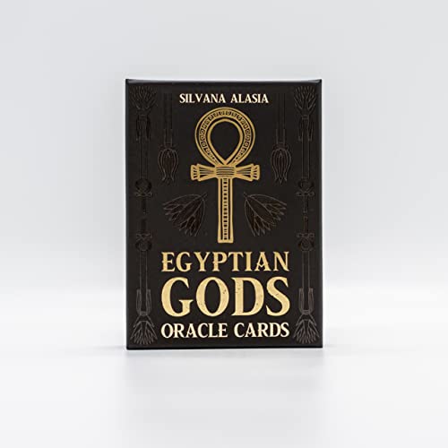 Black box for Egyptian Gods Oracle Cards featuring a gold ankh symbol and text.