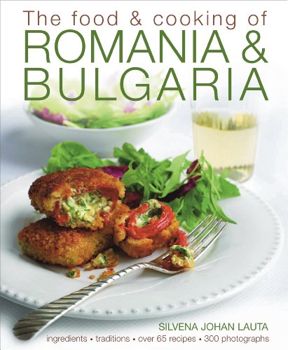 Cookbook cover featuring Romanian and Bulgarian food, including stuffed cabbage rolls.