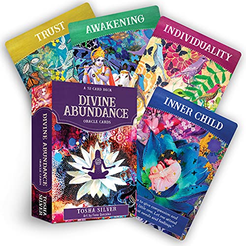 Colorful oracle card deck with spiritual imagery and gold lettering.