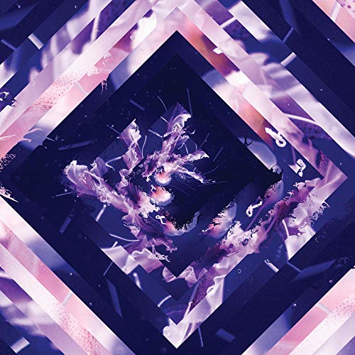 "Album cover art with abstract, purple, and pink geometric shapes and a central image."