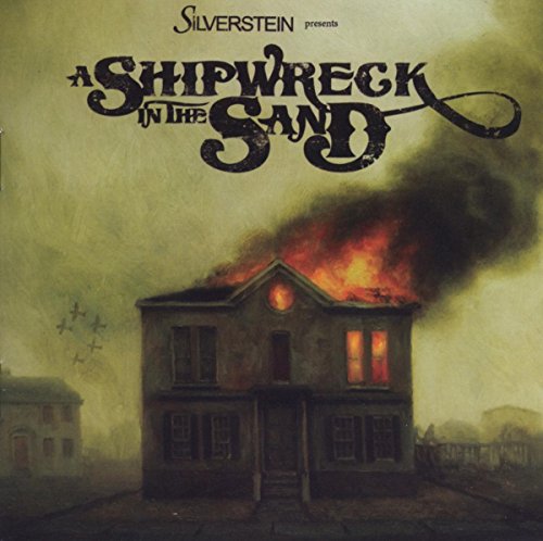 CD cover: burning house illustration with dramatic, cloudy sky.