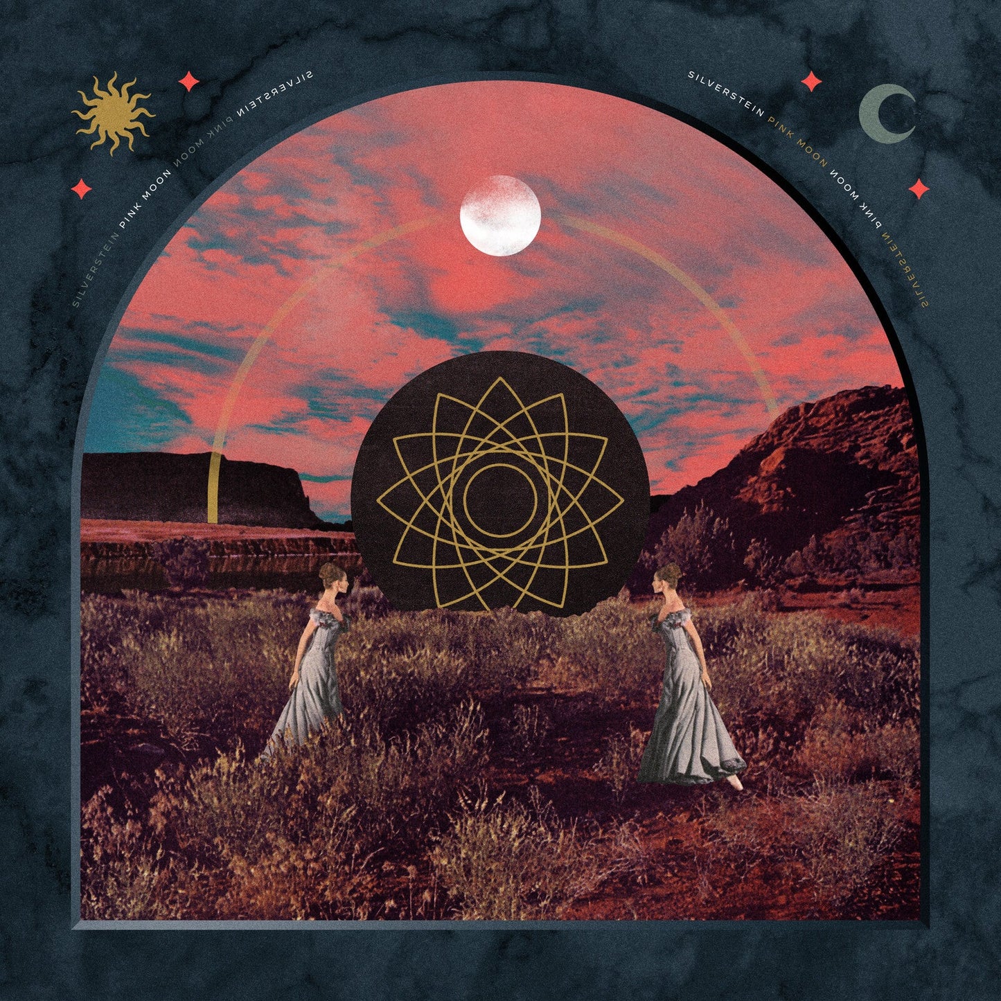 CD cover with a pink moon, geometric design, and desert landscape.