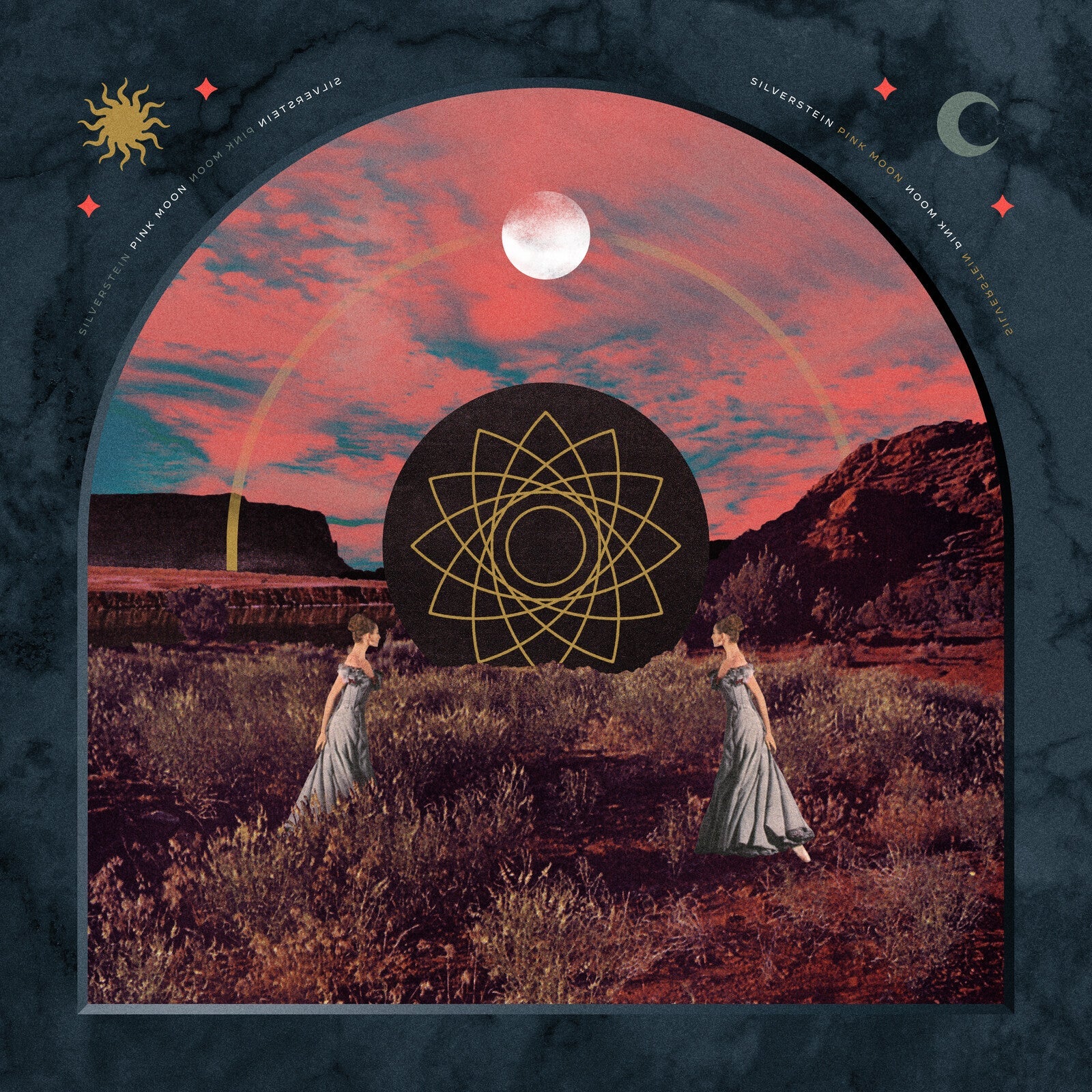 CD cover with a pink moon, geometric design, and desert landscape.