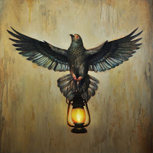 Bird with spread wings perches on a glowing antique lantern.