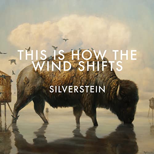 Silverstein album cover: bison in water with distant structures and birds.