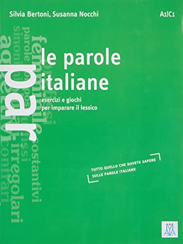 Green book cover with white text: "Le parole italiane" and Italian words.