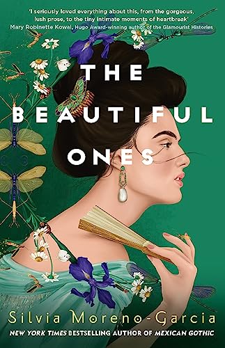 Book cover featuring a woman in profile surrounded by dragonflies, flowers, and a fan.