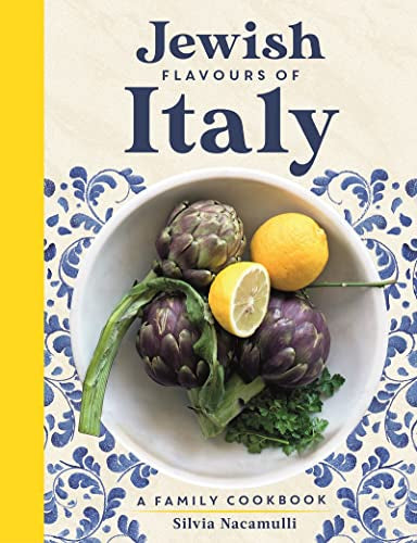 Cookbook cover titled Jewish Flavours of Italy featuring artichokes, lemons, and herbs in bowl.