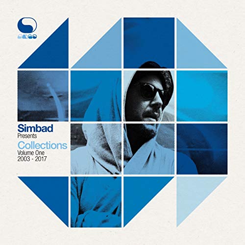 "Blue-toned album cover with a grid of images featuring a man in a hoodie."