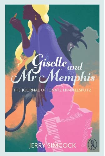 Book cover: woman, horned figure, and boy with an accordion in pink.