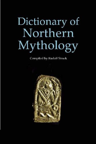 Book cover of Dictionary of Northern Mythology with a gold figure on black background.