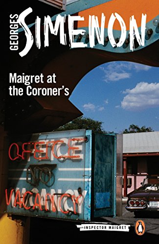 Book cover: "Maigret at the Coroner's" with a motel vacancy sign.