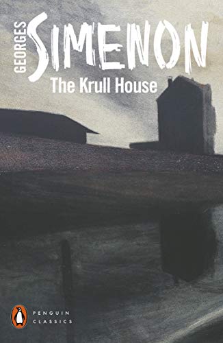 Book cover: “The Krull House” by Georges Simenon, with a shadowy building.