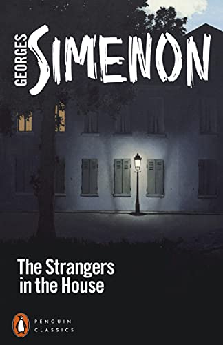 Book cover: dark house with lit windows, title “The Strangers in the House.”