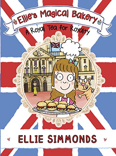 Book cover: girl, cat, and pastries before a palace, Union Jack background.