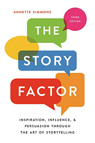 Book cover with colorful speech bubbles and the title "The Story Factor.
