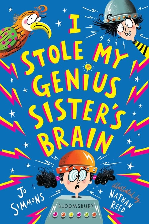 Book cover: boy with wires, brain, and sister with a helmet.