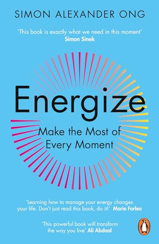Book cover: "Energize" with a sunburst design on a blue background.