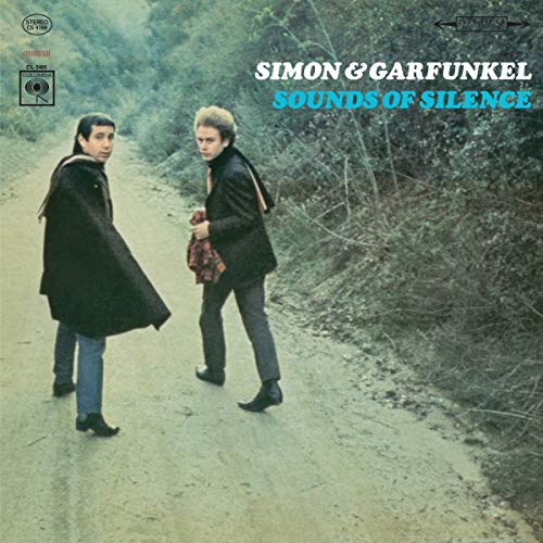Simon and Garfunkel walking on a dirt path on the Sounds of Silence album cover.