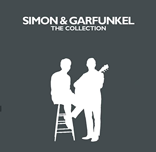 White silhouettes of Simon & Garfunkel with a guitar on a gray background.