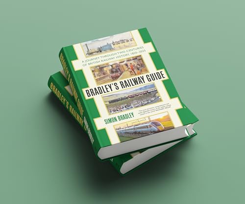 Green book cover with railway images, titled “Bradley’s Railway Guide.”