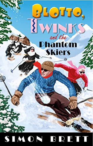 Book cover: skiers on snowy mountains, vintage illustration style.