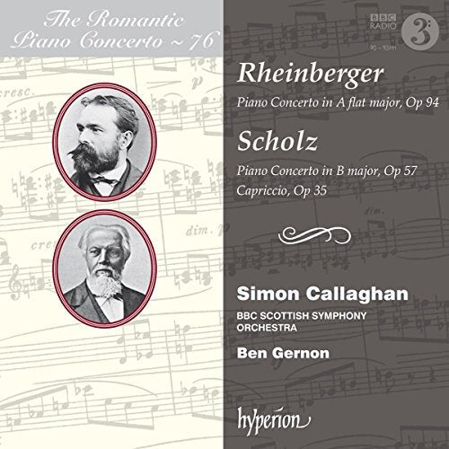 CD cover featuring composers' portraits, musical notes, and text about Rheinberger and Scholz concertos.