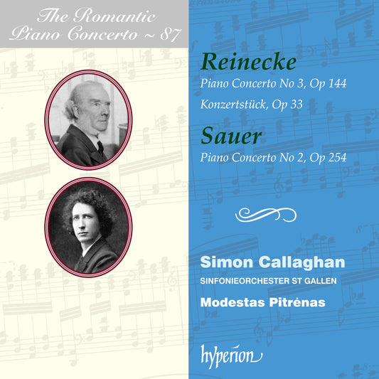 CD cover featuring portraits of composers Reinecke and Sauer, with musical notation.