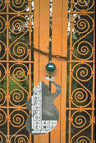 Orange wrought iron gate with a hanging apple and sign.