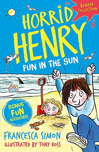 Horrid Henry" book cover depicts children on a sunny beach with seagulls.