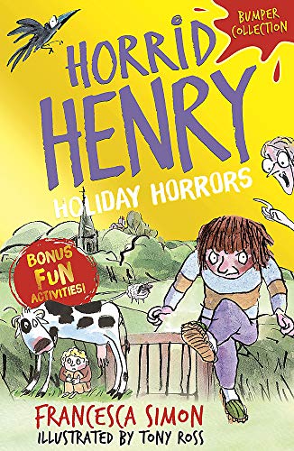 Horrid Henry" book cover with cartoon illustrations of a boy and countryside scene.