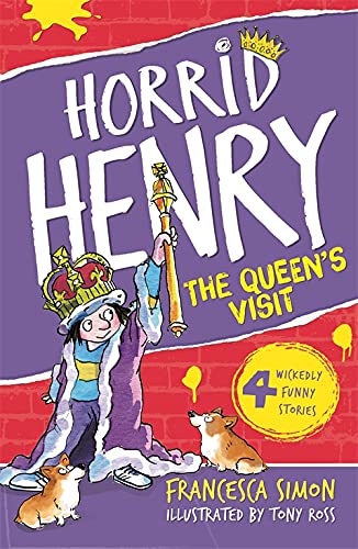 Horrid Henry wearing a crown and robe holding a scepter with two corgis.
