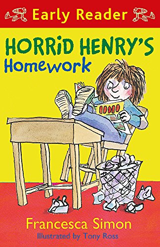 Book cover: Horrid Henry reluctantly doing homework at a desk.