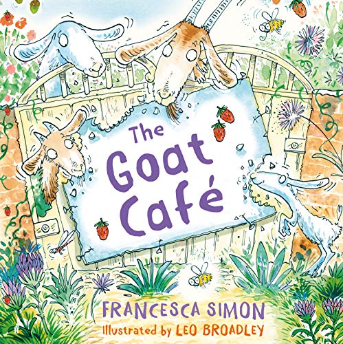 Watercolor illustration of goats around a sign reading "The Goat Café".