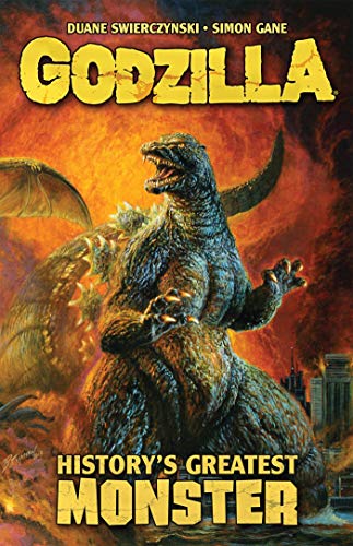 Book cover featuring Godzilla standing before a fiery sky and a winged monster.