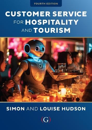 Book cover: "Customer Service for Hospitality and Tourism" with a robot server.