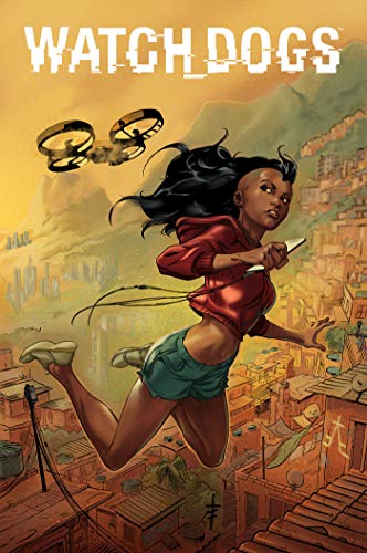 Woman leaping through a favela with drones overhead, "Watch Dogs" logo.